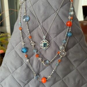 Multi-Strand Blue and Orange Bead Necklace + Blue, Silver and Rhinestone Pendant